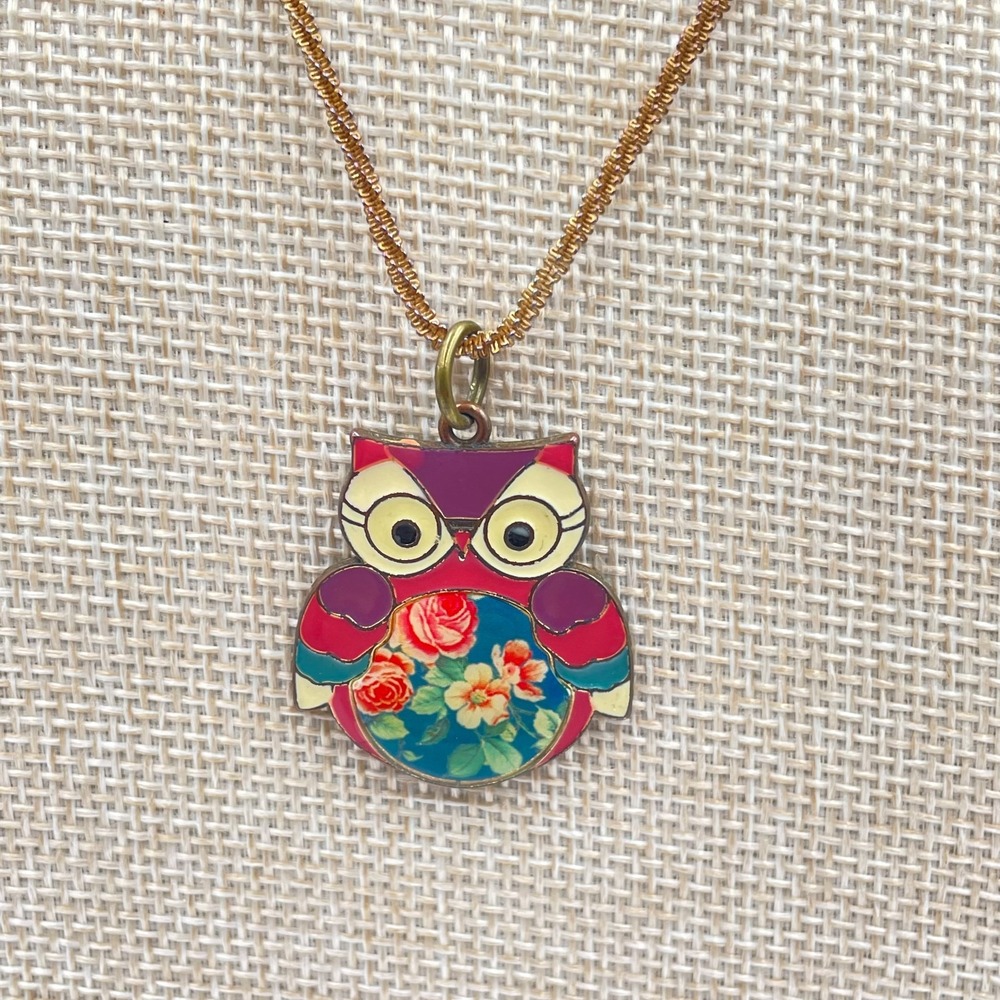 Afterthoughts Y2K Gold-Tone Multicolor Floral Enamel Coated Owl Pendant Necklace